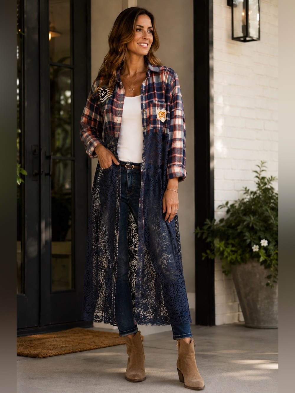 Tricia Fix flannel button down long cardigan lace with patches - NWOT